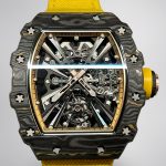 Swiss Super Clone Richard Mille RM 12-01 Tourbillon Watch – Bold Yellow Fabric Strap, Carbon Fiber Barrel Case, Skeleton Dial image 1