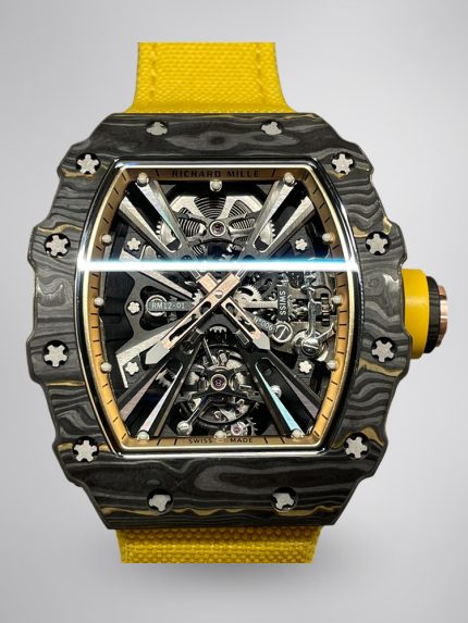 Swiss Super Clone Richard Mille RM 12-01 Tourbillon Watch – Bold Yellow Fabric Strap, Carbon Fiber Barrel Case, Skeleton Dial image 1