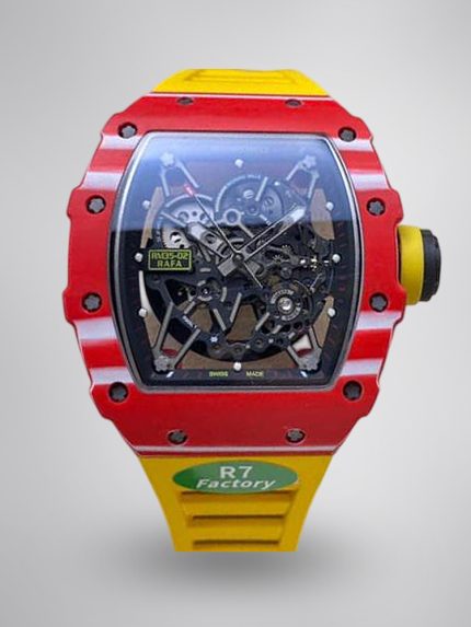 Best Richard Mille RM35-02 Super Clone – Red Carbon Case, Yellow Strap, Swiss Movement, Skeleton Dial image 1
