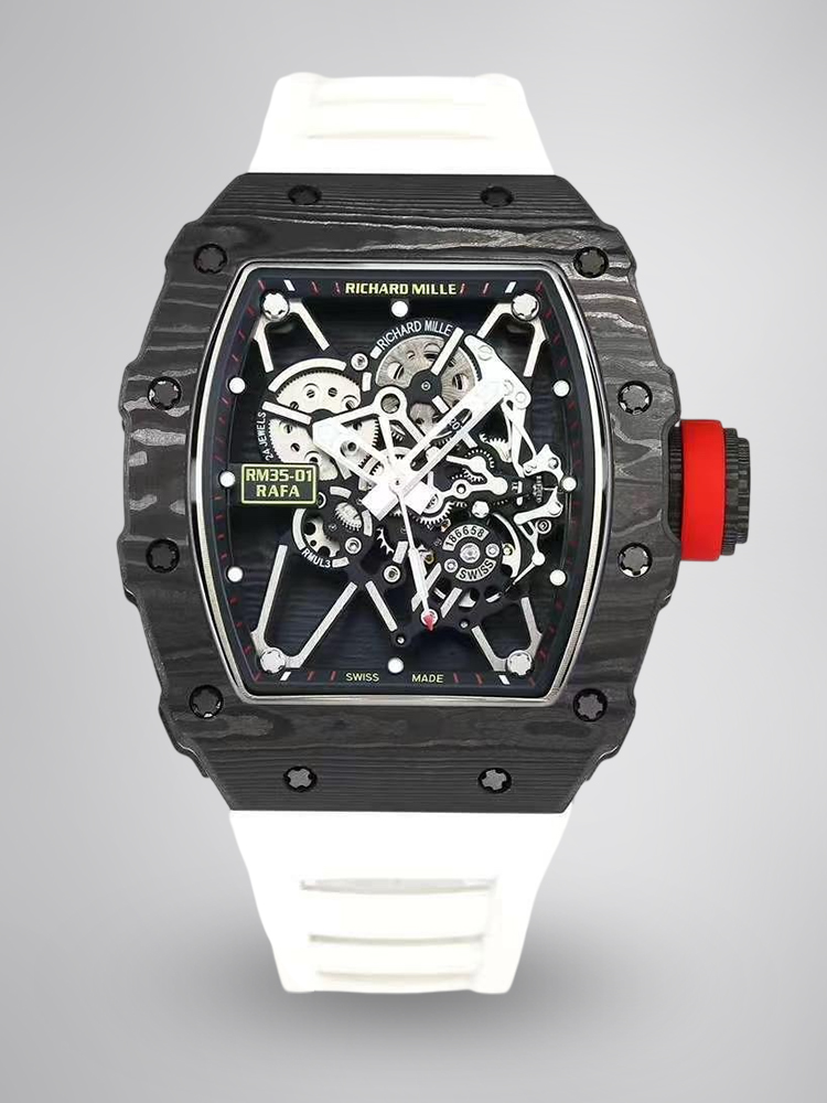 Top Swiss Super Clone Richard Mille RM35-01 – Carbon Fiber Case & White Rubber Strap image 1 Top Swiss Super Clone Richard Mille RM35-01 – Carbon Fiber Case & White Rubber Strap image 1