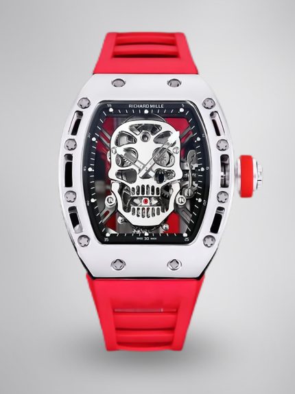 Best Swiss Super Clone RICHARD MILLE RM 52 Tourbillon Super Clone Watch – Skull Skeleton Dial, Red Strap image 1