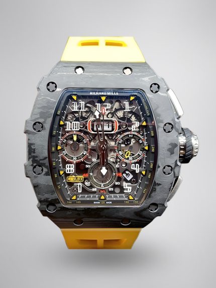 Best Swiss Super Clone Richard Mille RM 011 Skeleton Dial Watch – Carbon Fiber Case, Yellow Rubber Strap image 1