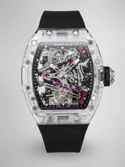 Super Clone Richard Mille RM 38-02 Pink Themed Crystal Skeleton Tourbillon Black Rubber Strap Watch image 1