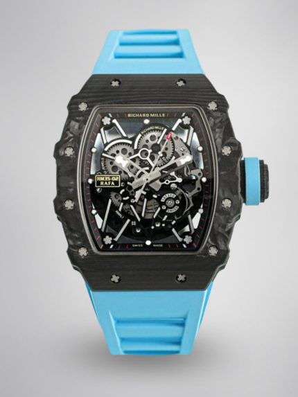 Super Clone Richard Mille RM 35-02 Swiss NTPT Carbon Fiber Case, Blue Rubber Strap Watch image 1