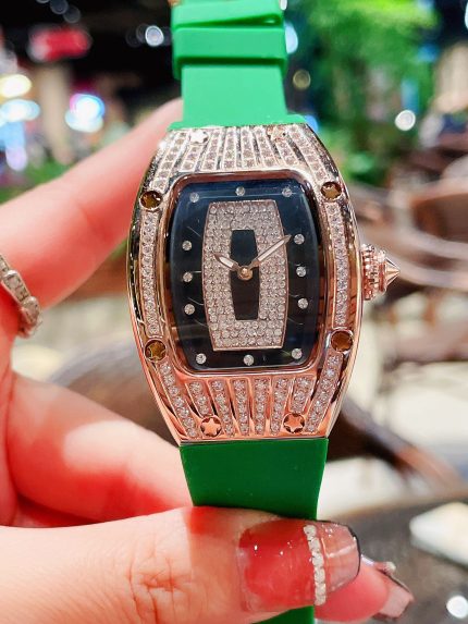 Luxury Super Clone Richard Mille RM 007 Ladies Diamond Set Green Strap Watch – Black Dial, Green Rubber Strap image 2