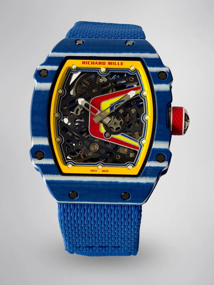 UMI RM 67-02 Fernando Alonso Blue Carbon Case Yellow Bezel Blue Fabric Strap Super Clone Watch image 1 UMI RM 67-02 Fernando Alonso Blue Carbon Case Yellow Bezel Blue Fabric Strap Super Clone Watch image 1