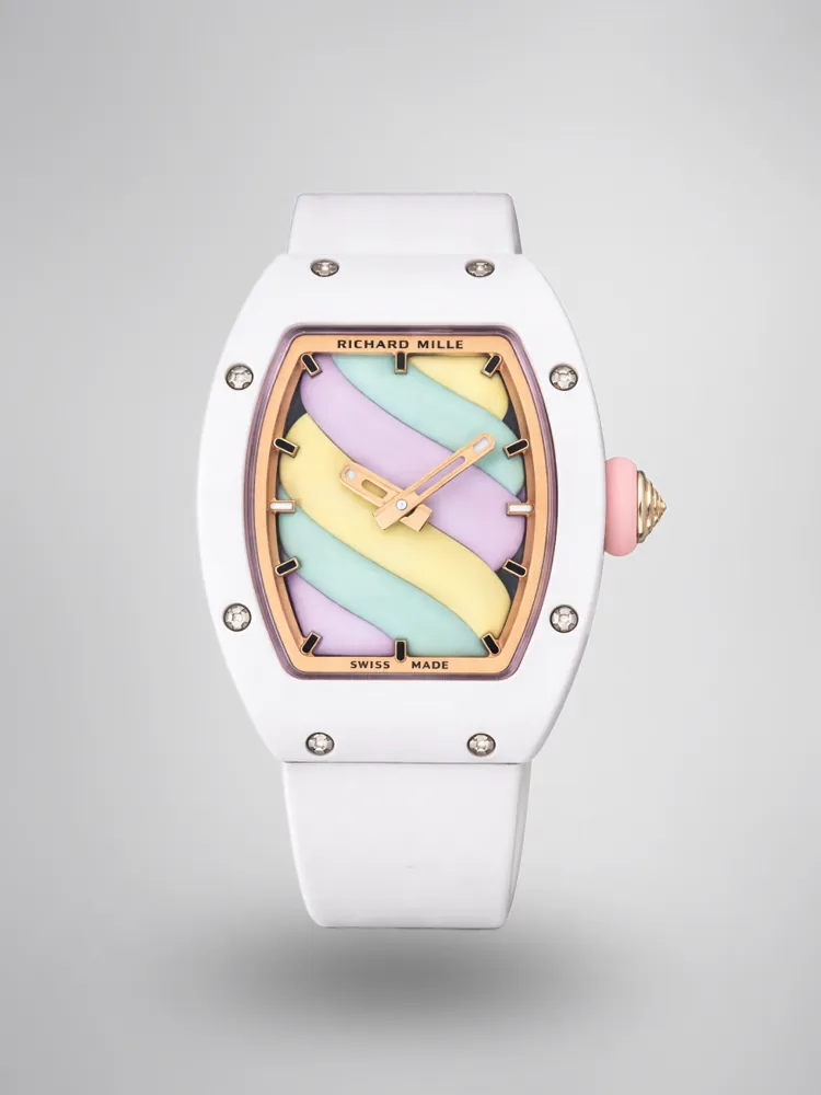 Richard Mille RM 07-03 Super Clone, White Ceramic Case Pastel Swirl Dial White Rubber Strap Luxury Ladies Wristwatch image 1 Richard Mille RM 07-03 Super Clone, White Ceramic Case Pastel Swirl Dial White Rubber Strap Luxury Ladies Wristwatch image 1