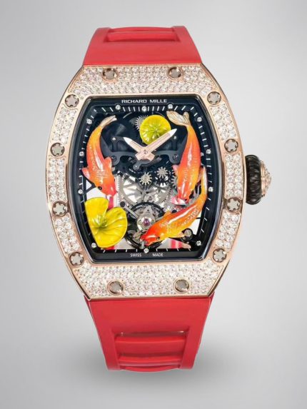 Super Clone Richard Mille RM S10 Koi Tourbillon Watch Rose Gold with Diamond - Red Rubber Strap image 1