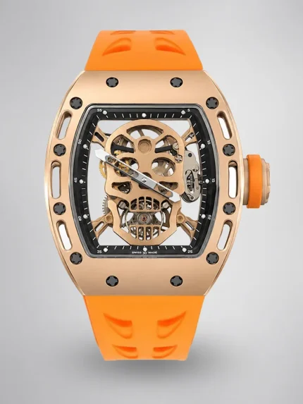 Richard Mille RM 052 Upgraded Tourbillon Movement Skull Rose Gold Super Clone - Orange Rubber Strap image 1