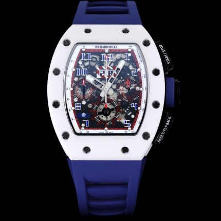 Luxury Super Clone Richard Mille RM 011-FM Watch – White Ceramic Case, Skeleton Dial, Blue Rubber Strap image 2
