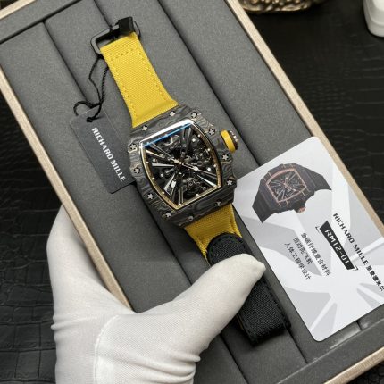 Swiss Super Clone Richard Mille RM 12-01 Tourbillon Watch – Bold Yellow Fabric Strap, Carbon Fiber Barrel Case, Skeleton Dial image 2