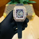 Richard Mille RM 023 Super Clone, Rose Gold Diamond-Set Case Skeleton Dial Black Rubber Strap Luxury Automatic Sports Wristwatch image 3