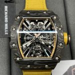 Swiss Super Clone Richard Mille RM 12-01 Tourbillon Watch – Bold Yellow Fabric Strap, Carbon Fiber Barrel Case, Skeleton Dial image 3