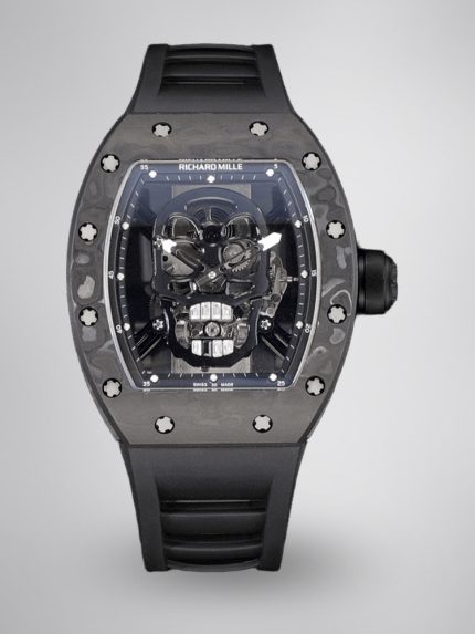 Best Richard Mille RM 052 Super Clone Black Carbon Fiber Case Watch – Men’s Luxury Watch With Skeleton Skull Dial image 1