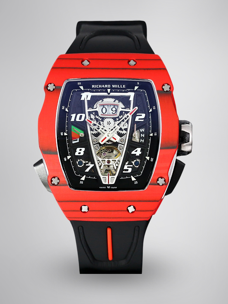 Luxury Sport Super Clone Richard Mille RM 40-01 Red Carbon Fiber Case Watch With Black Rubber Strap image 1 Luxury Sport Super Clone Richard Mille RM 40-01 Red Carbon Fiber Case Watch With Black Rubber Strap image 1