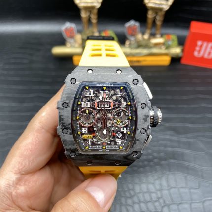 Best Swiss Super Clone Richard Mille RM 011 Skeleton Dial Watch – Carbon Fiber Case, Yellow Rubber Strap image 2