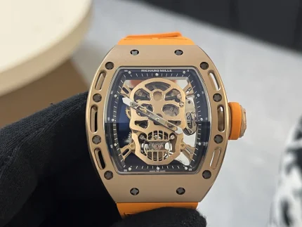 Richard Mille RM 052 Upgraded Tourbillon Movement Skull Rose Gold Super Clone - Orange Rubber Strap image 2