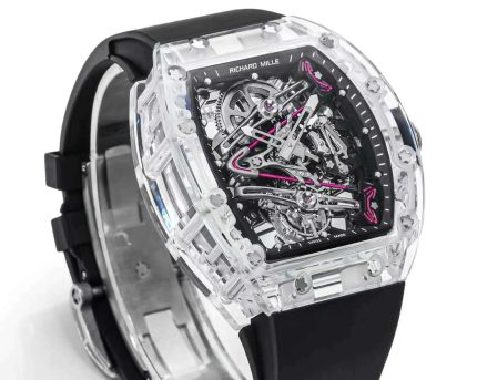 Super Clone Richard Mille RM 38-02 Pink Themed Crystal Skeleton Tourbillon Black Rubber Strap Watch image 2