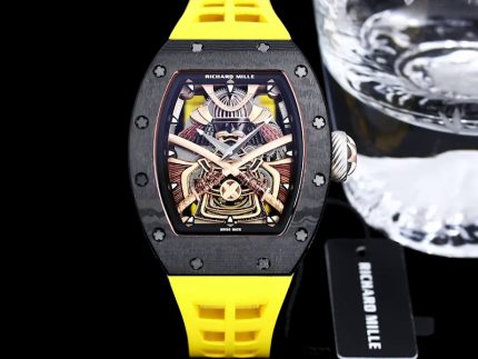 Swiss Samurai Skeleton Super Clone Richard Mille RM 047 Tourbillon Watch With Carbon Case And Yellow Rubber Strap image 2