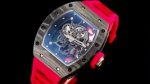 High-End Swiss Richard Mille RM 055 Super Clone Carbon NTPT Watch with Red Rubber Strap & Skeleton Dial image 4