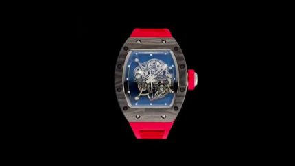 High-End Swiss Richard Mille RM 055 Super Clone Carbon NTPT Watch with Red Rubber Strap & Skeleton Dial image 2