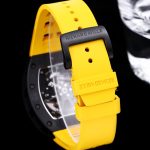 Swiss Super Clone Richard Mille RM 011-FM Watch – Carbon Fiber Barrel Case, Skeleton Dial, Premium Yellow Rubber Band image 9