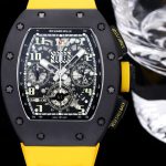 Swiss Super Clone Richard Mille RM 011-FM Watch – Carbon Fiber Barrel Case, Skeleton Dial, Premium Yellow Rubber Band image 3