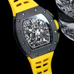 Swiss Super Clone Richard Mille RM 011-FM Watch – Carbon Fiber Barrel Case, Skeleton Dial, Premium Yellow Rubber Band image 5