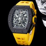 Swiss Super Clone Richard Mille RM 011-FM Watch – Carbon Fiber Barrel Case, Skeleton Dial, Premium Yellow Rubber Band image 4