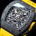 Swiss Super Clone Richard Mille RM 011-FM Watch – Carbon Fiber Barrel Case, Skeleton Dial, Premium Yellow Rubber Band image 6