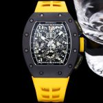 Swiss Super Clone Richard Mille RM 011-FM Watch – Carbon Fiber Barrel Case, Skeleton Dial, Premium Yellow Rubber Band image 2