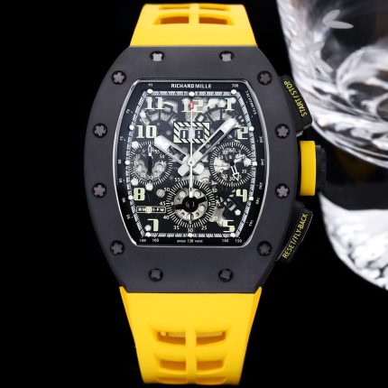 Swiss Super Clone Richard Mille RM 011-FM Watch – Carbon Fiber Barrel Case, Skeleton Dial, Premium Yellow Rubber Band image 2
