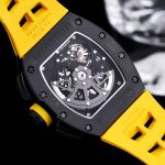 Swiss Super Clone Richard Mille RM 011-FM Watch – Carbon Fiber Barrel Case, Skeleton Dial, Premium Yellow Rubber Band image 8