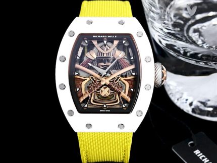 Best Super Clone Richard Mille RM 047 Tourbillon Watch For Men – Samurai Design, Ceramic Case, Skeleton Dial, Yellow Strap image 2