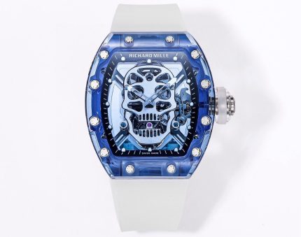 Swiss Richard Mille RM 052 Super Clone Tourbillon Skull Blue Sapphire Case Watch With White Rubber Strap – Bold Design image 2