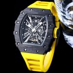 Swiss Super Clone Richard Mille RM 12-01 Tourbillon – Bold Yellow Rubber Strap, Skeleton Dial, Carbon Case image 4