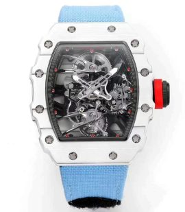 Best Richard Mille RM 27-02 Super Clone Rafael Nadal Tourbillon Watch – White Carbon Fiber Case, Blue Fabric Strap image 2