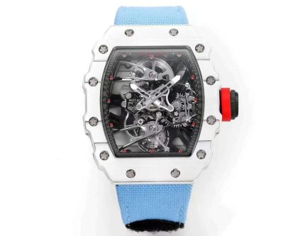 Best Richard Mille RM 27-02 Super Clone Rafael Nadal Tourbillon Watch – White Carbon Fiber Case, Blue Fabric Strap image 2