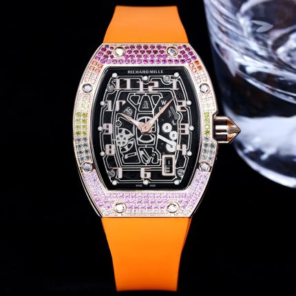 Luxury Super Clone Richard Mille RM 67-01 Rainbow Diamond Bezel With Orange Rubber Strap Watch image 2