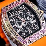 Luxury Super Clone Richard Mille RM 67-01 Rainbow Diamond Bezel With Orange Rubber Strap Watch image 5