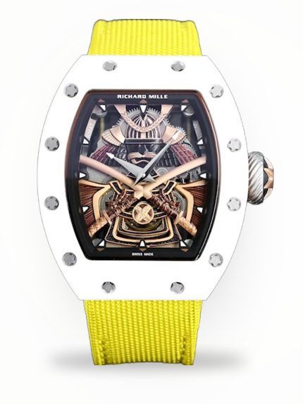 Best Super Clone Richard Mille RM 047 Tourbillon Watch For Men – Samurai Design, Ceramic Case, Skeleton Dial, Yellow Strap image 1