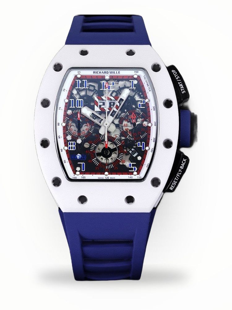 Luxury Super Clone Richard Mille RM 011-FM Watch – White Ceramic Case, Skeleton Dial, Blue Rubber Strap image 1 Luxury Super Clone Richard Mille RM 011-FM Watch – White Ceramic Case, Skeleton Dial, Blue Rubber Strap image 1