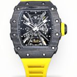 Swiss Super Clone Richard Mille RM 12-01 Tourbillon – Bold Yellow Rubber Strap, Skeleton Dial, Carbon Case image 1