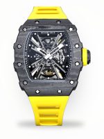 Swiss Super Clone Richard Mille RM 12-01 Tourbillon – Bold Yellow Rubber Strap, Skeleton Dial, Carbon Case image 1