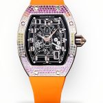 Luxury Super Clone Richard Mille RM 67-01 Rainbow Diamond Bezel With Orange Rubber Strap Watch image 1