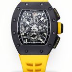 Swiss Super Clone Richard Mille RM 011-FM Watch – Carbon Fiber Barrel Case, Skeleton Dial, Premium Yellow Rubber Band image 1
