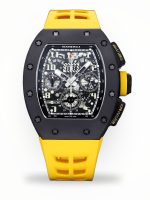 Swiss Super Clone Richard Mille RM 011-FM Watch – Carbon Fiber Barrel Case, Skeleton Dial, Premium Yellow Rubber Band image 1