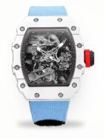 Best Richard Mille RM 27-02 Super Clone Rafael Nadal Tourbillon Watch – White Carbon Fiber Case, Blue Fabric Strap image 1