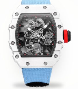 Best Richard Mille RM 27-02 Super Clone Rafael Nadal Tourbillon Watch – White Carbon Fiber Case, Blue Fabric Strap image 1
