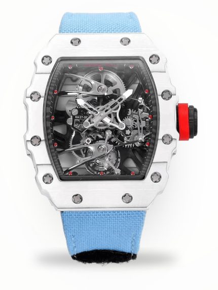 Best Richard Mille RM 27-02 Super Clone Rafael Nadal Tourbillon Watch – White Carbon Fiber Case, Blue Fabric Strap image 1